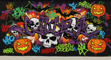 Vibrant Halloween graffiti mural explodes with spooky skulls, grinning pumpkins, and flying bats creating an electrifying urban art scene.