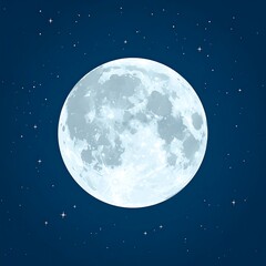 A vibrant illustration features a full, luminous celestial body surrounded by twinkling celestial lights against a dark, navy expanse