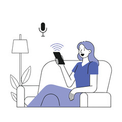 Woman using voice assistant on smartphone sitting on sofa in living room vector illustration for app or website design