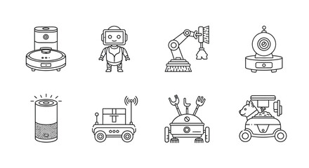 Set of hand-drawn robot icons showcasing futuristic technology and artificial intelligence vector