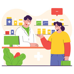Pharmacist serving a customer at the pharmacy counter vector illustration of healthcare service isolated on white background
