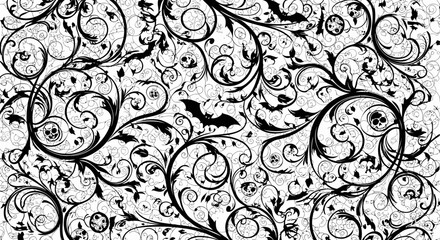 Spooky Halloween black ornate swirls pattern with gothic skulls and flying bats creating a chilling vintage aesthetic for festive designs