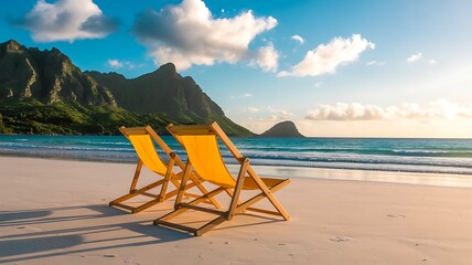 Tropical beach with empty chairs facing ocean and mountains under bright sunlight