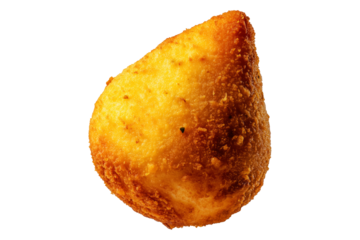 Fried Brazilian coxinha cone snack filled shredded chicken cheese with golden crispy texture isolated on white transparent background, concept of traditional street food