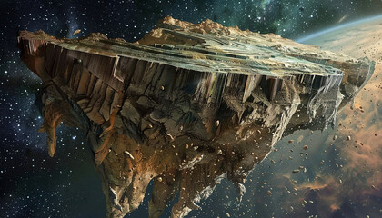 A massive floating landmass crumbling in space, ancient layers disintegrating into stardust.