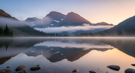 Calm lake reflects the majestic mountains shrouded in morning mist and fog