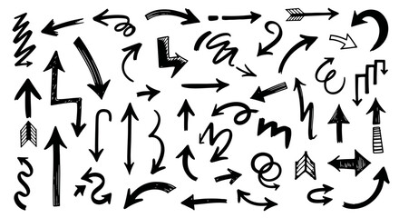 A Collection of Hand Drawn Arrows in Various Styles Indicating Direction and Movement