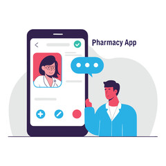 Doctor using a pharmacy app on a smartphone vector illustration for telemedicine and online consultation isolated on white background