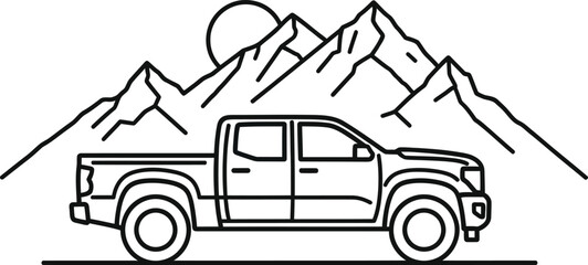 A pickup truck is parked in front of a mountain range with the sun shining above, line art isolated on white background