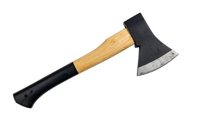 Axe with wooden handle and black blade, isolated against white background
