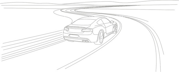 A minimalist sports car navigates a winding road, emphasizing speed and motion, line art isolated on white background