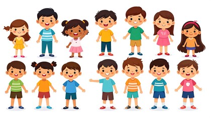 A vibrant illustration featuring a diverse group of smiling children in various outfits and expressions, ideal for educational or playful purposes