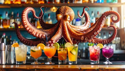 An imaginative octopus serves cocktails at a bar, creating a surreal and vibrant scene for a unique drinking experience