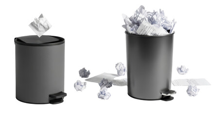 Two Dark Gray Trash Cans With Crumpled Paper Inside And Outside Isolated On transparent Background
