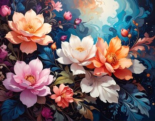 A vibrant illustration featuring a collection of stylized, colorful blossoms against a backdrop of swirling blue and gold