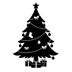 Black silhouette icon of a fully decorated Christmas tree with gifts, ornaments, and a star on top.