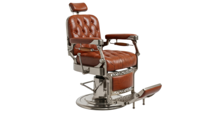 Vintage Brown Leather Barber Chair With Chrome Accents And Footrest Isolated On transparent Background