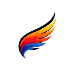 Colorful abstract wing illustration with shades of blue, red, orange, and yellow on a white background.