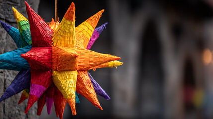 Close-up of a handmade multicolored star piñata during Mexican Posadas Navideñas festival