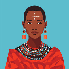 Flat Vector Portrait of Maasai Woman in Red Shuka