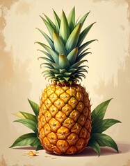 A vibrant illustration featuring a realistic pineapple. Its golden textured body and green crown are meticulously detailed, set against a warm-toned backdrop