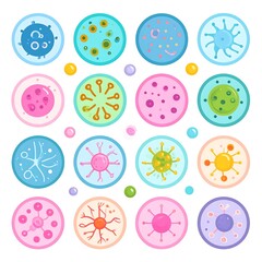 A vibrant illustration featuring sixteen circular, cellular-like shapes, each displaying unique, colorful designs with diverse internal patterns and structures