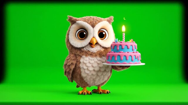 Adorable Brown Cartoon Owl Holding Two Tier Birthday Cake with Candle on Green Screen Background Cute Animation for Celebration Themed Content Charming 3D Rendered Character Design Isolated For