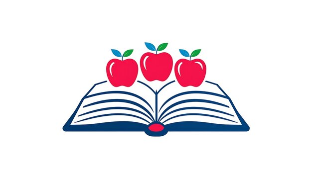 A graphic of an open book with three red apples, each with a green leaf, arranged above it on a white background