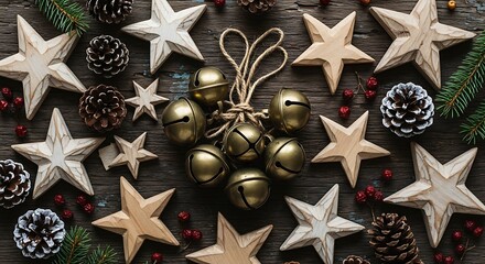 Christmas decorations with stars, pine cones, and golden bells on wooden background.