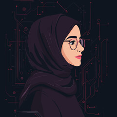 Confident Woman in Hijab with Tech Lines on Dark Background