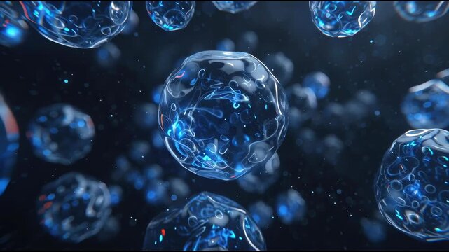 3d render of blue cells and bubbles floating in a dark background
