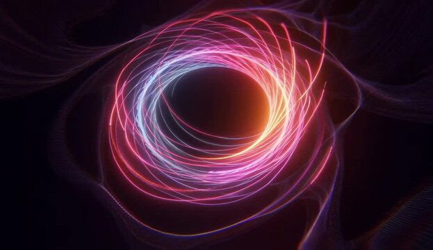 Fondo abstracto de estelas de luz vibrantes en un movimiento circular fascinante, colores c&aacute;lidos ne&oacute;n. 