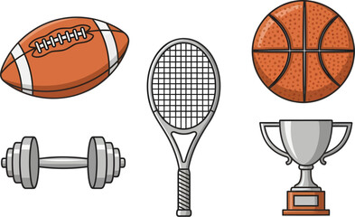 Collection of Popular Sports Equipment and Trophy