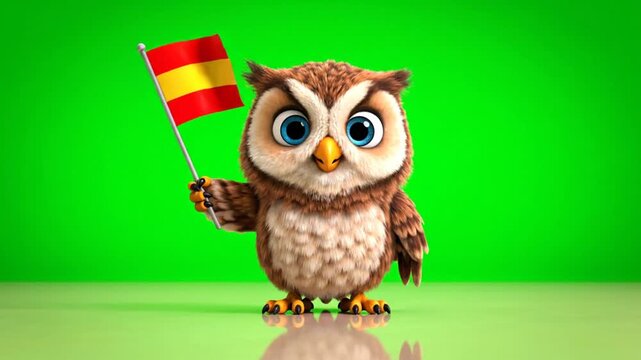 Animated Owl Character Holding a Flag of Spain Isolated by Green Screen Background A Cute and Expressive Mascot in Cartoon Style Standing Adorably For National Pride and Celebration With Funny Facial