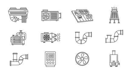 Set of industrial equipment schematics line drawings technical diagrams equipment icons vector
