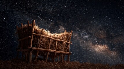 Night Sky and Manger: A celestial panorama unfolds as a rustic manger rests under a starlit night sky, its presence hinting at a sense of wonder and reverence.. Generative Ai
