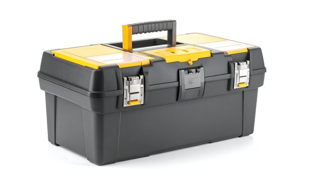 A sturdy, black and yellow plastic toolbox, complete with a handle and secure metal latches, sits against a white backdrop