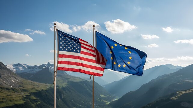United states and european union flags waving together in mountain landscape under blue sky
- Powered by Adobe
