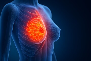 3d medical illustration of a human breast with glowing red area indicating potential issue