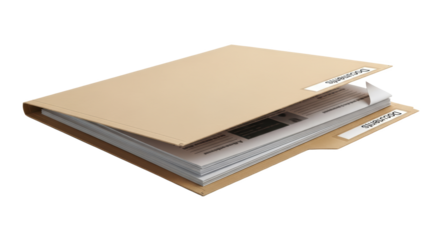 Brown Cardboard File Folder Containing Documents and Papers with Labels Isolated On transparent Background