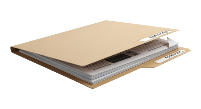 Brown Cardboard File Folder Containing Documents and Papers with Labels Isolated On transparent Background