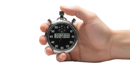 Close up of Hand Holding Vintage Stopwatch With Digital Display Isolated On transparent Background
