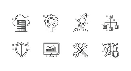 Digital technology icons set cloud computing data analytics rocket startup security tools network analysis vector