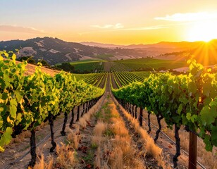 Golden Sunset Over Rolling Vineyard Rows Bathed In Warm Light With Distant Hills And Golden Sky