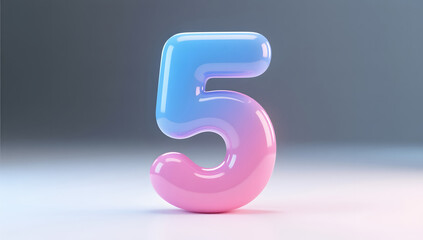 Glossy plastic texture 3d render of number 5 on white background