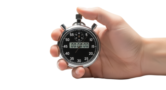 Close up of Hand Holding Vintage Stopwatch With Digital Display Isolated On transparent Background
