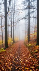 Obraz premium Enchanting autumn pathway through misty forest for seasonal design and nature inspiration