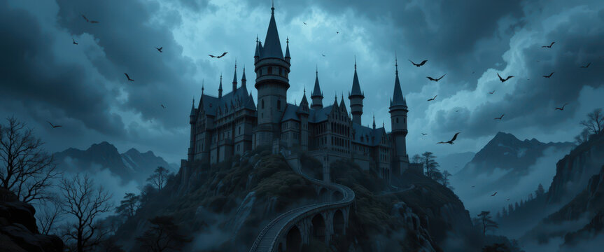 Mysterious gothic castle at dusk fantasy landscape digital art dark atmosphere dramatic viewpoint