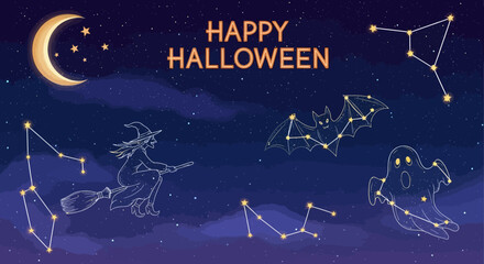 Fototapeta premium Magical starry night features witch, bat, and ghost constellations for your enchanting Halloween celebration designs