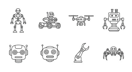 Collection of futuristic robot designs and components hand drawn line art style vector